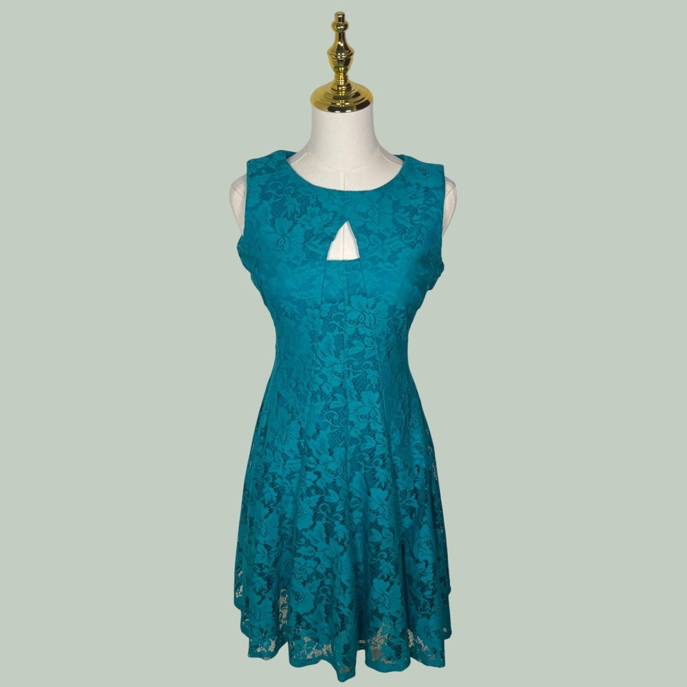 danny and nicole teal blue floral lace overlay keyhole midi dress Y2K coquette